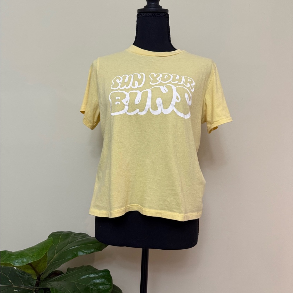 Billabong Yellow Crop tee “Sun Your Buns” Large